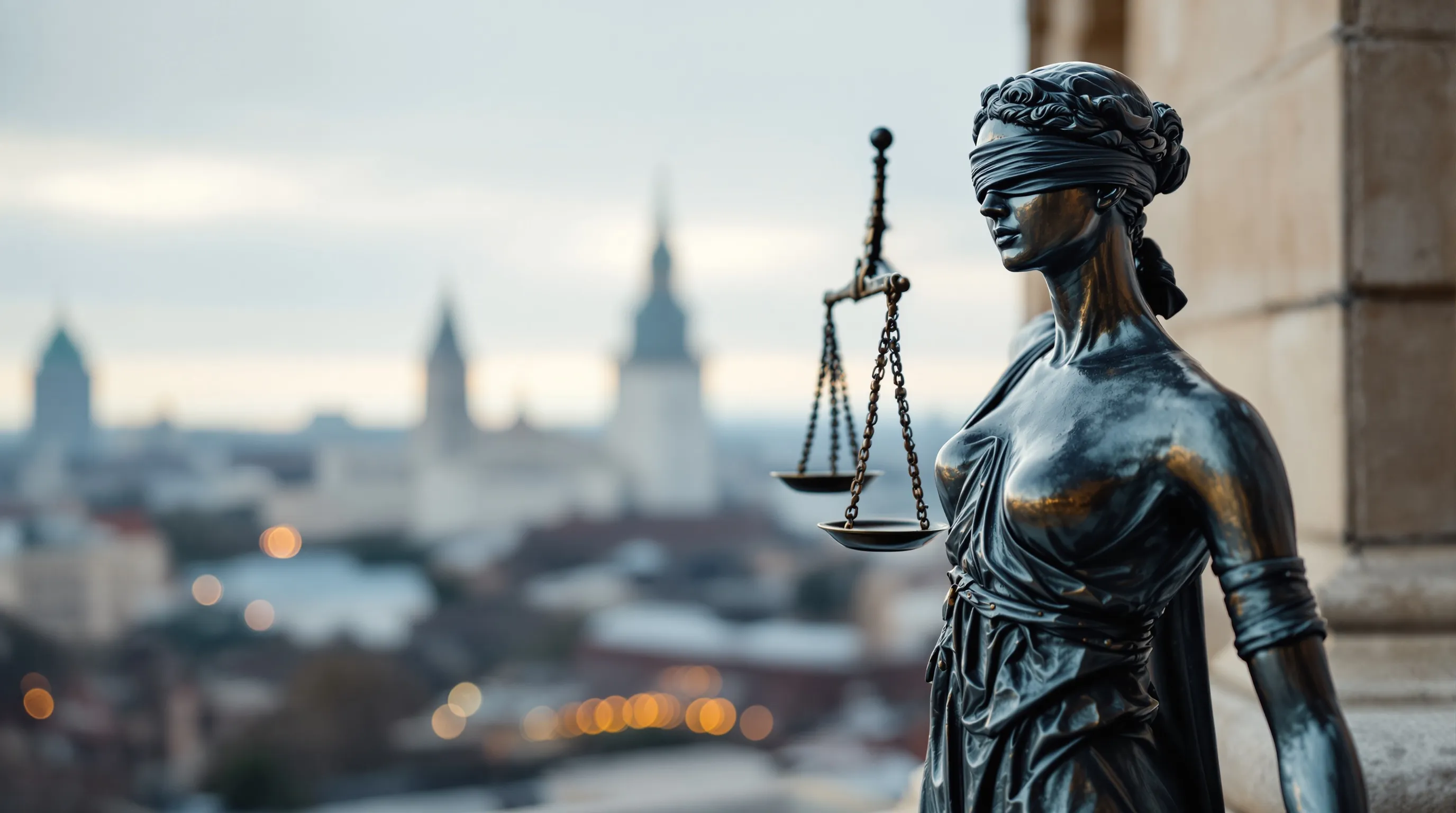 Brązowy posąg Iustitii z wagą, w tle panorama Warszawy